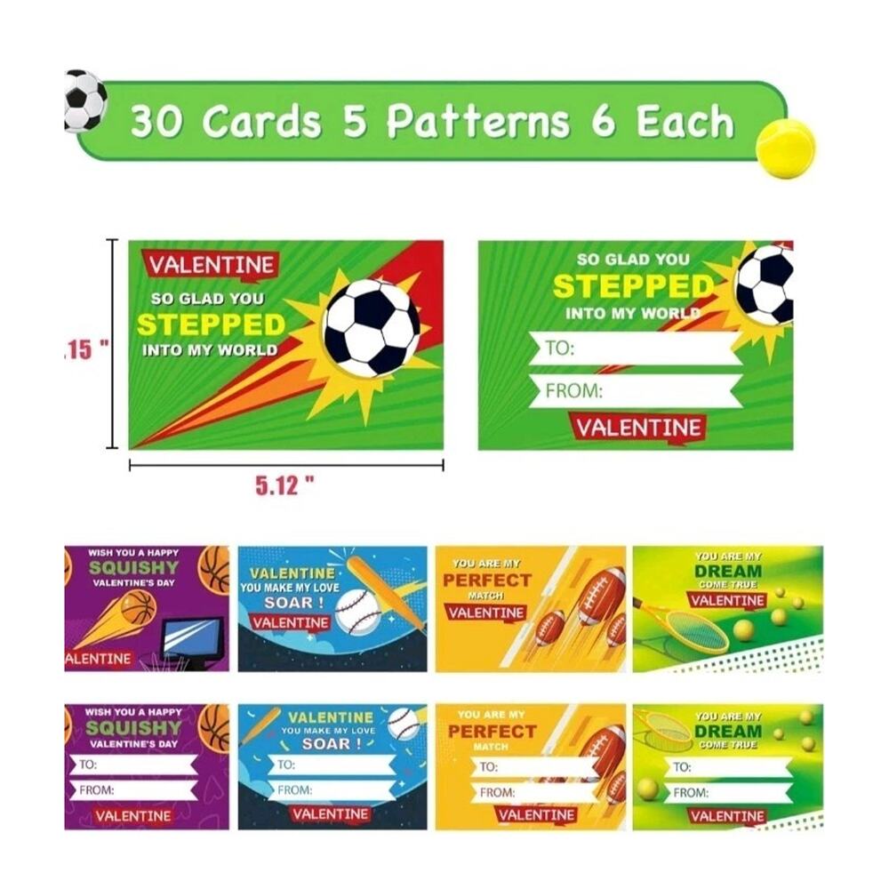 30 Pack Sports Valentines Cards Gifts for Kids School Classroom Squeeze Foam... - Picture 3 of 10